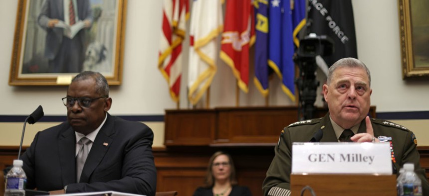 U.S. Secretary of Defense Lloyd Austin (L) and Chairman of the Joint Chiefs of Staff General Mark Milley (R) testify during a hearing before the House Committee on Armed Services at Rayburn House Office Building June 23, 2021 on Capitol Hill in Washington, DC.