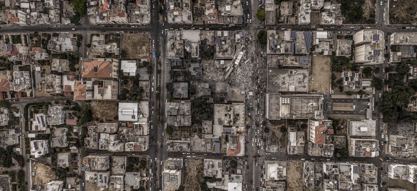 A drone views of the ruins of buildings in Gaza city that was levelled by an Israeli air strike during the recent military conflict between Israel and Palestinian ruled by Hamas on June 11, 2021.