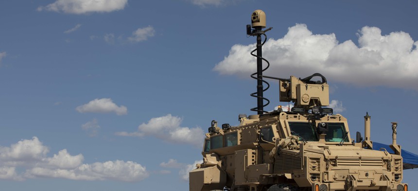 A next-generation combat vehicle conducts a live-fire exercise during the Project Convergence capstone event at Yuma Proving Ground, Arizona, Aug. 11 – Sept. 18, 2020.