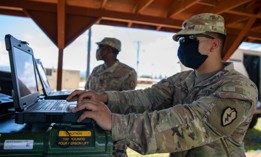 Army Spc. Javon Courtney, a Nodal Network System operator-maintainer with the 73rd Signal Company, Sustainment Troops Battalion, 25th Infantry Division Sustainment Brigade, 25th Infantry Division, ensures that his equipment is online during a training exercise on Schofield Barracks, Hawaii, April 22, 2021.