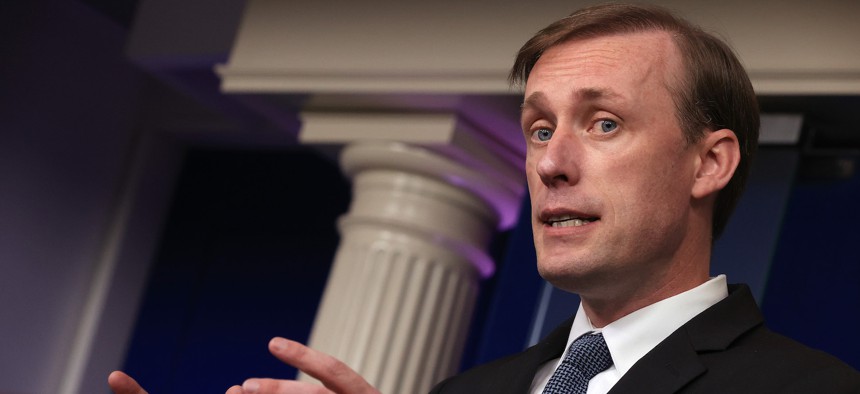 : National Security Advisor Jake Sullivan talks to reporters during the daily news conference in the Brady Press Briefing Room at the White House on June 07, 2021 in Washington, DC. 