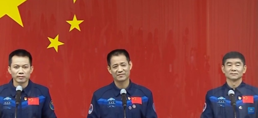 The crew of Shenzhou 12 gives a press conference on June 16, 2021, the day before lifting off to China's space station.
