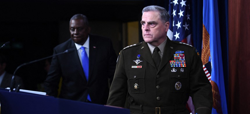 Defense Secretary Lloyd Austin and Gen. Mark Milley hold a press conference on July 21, 2021, at the Pentagon.