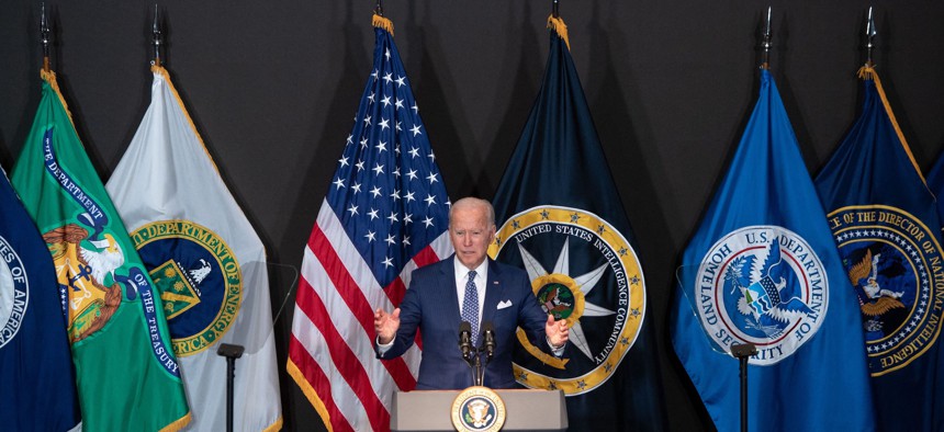 US President Joe Biden addresses the Intelligence Community workforce and its leadership while on a tour at the Office of the Director of National Intelligence in McLean, Virginia, on July 27, 2021.