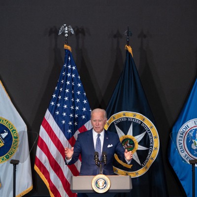                      US President Joe Biden addresses the Intelligence Community workforce and its leadership while on a tour at the Office of the Dir
