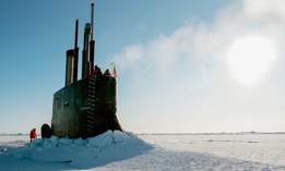 The Seawolf-class fast-attack submarine USS Connecticut surfaces through the ice in the Beaufort Sea as it participates in Ice Exercise 2018. 