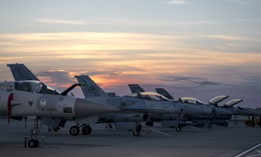 U.S. Air Force and UAE F-16 Fighting Falcons stand on display at Sakhir Air Base during the Bahrain International Airshow 2018, Nov. 14, 2018. 