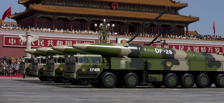 Missile launchers of the People's Liberation Army Rocket Force on display in Beijing.