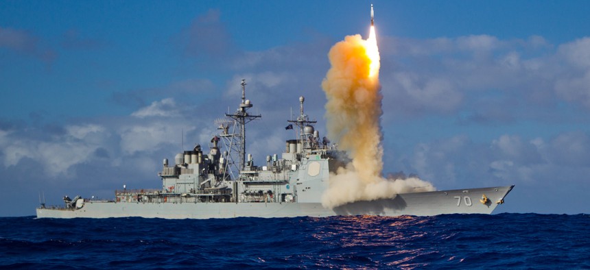 A Standard Missile-3 (SM-3) Block 1B interceptor missile is launched from the guided-missile cruiser USS Lake Erie (CG 70) during a Missile Defense Agency and U.S. Navy test in the mid-Pacific. The SM-3 Block 1B successfully intercepted a target missile that had been launched from the Pacific Missile Range Facility at Barking Sands in Kauai, Hawaii.