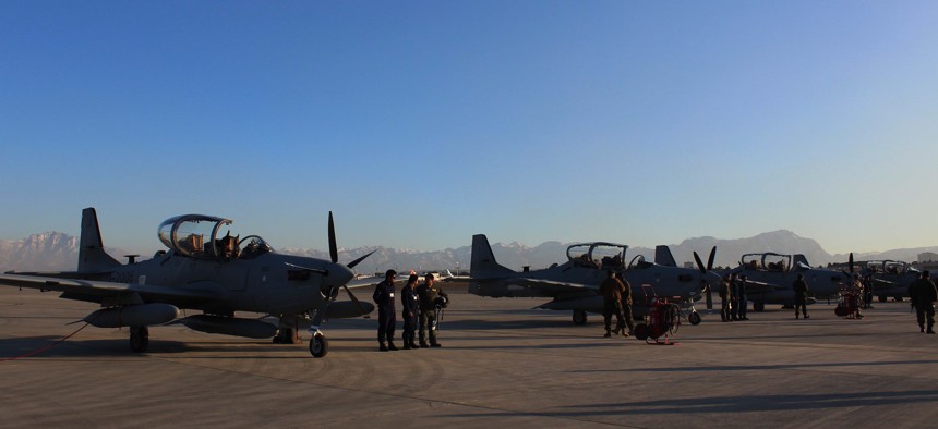 U.S officials formally deliver four Super Tucano attack aircraft to the Afghan Defense Ministry, in Kabul, Afghanistan, on January 15, 2016. 