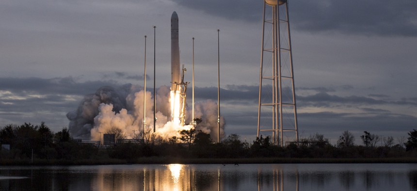The Orbital ATK Antares rocket launches from NASA's Wallops Flight Facility in Wallops Island, Va., November 12, 2017. Northrop Grumman’s acquisition of Orbital ATK contained a provision that required it to supply its competitors.