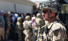 A paratrooper assigned to the 1st Brigade Combat Team, 82nd Airborne Division, conducts security at Hamid Karzai International Airport in Kabul, Aug 26, 2021.