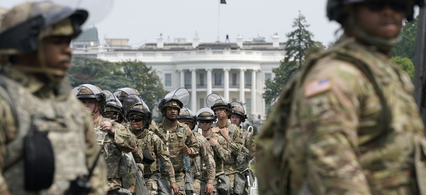 National Guard members deploy near the White House as peaceful protests are scheduled against police brutality and the death of George Floyd, on June 6, 2020.