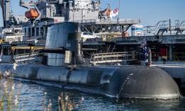 A Collins-class guided missile submarine is moored at Royal Australian Navy base HMAS Stirling, Australia. 