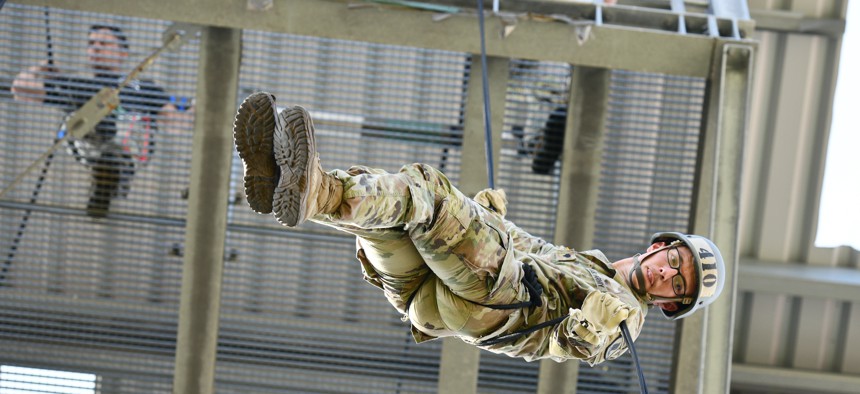 U.S. Army Spc. Garrett Clark with 173rd Airborne Brigade rappels from a tower during an air assault course conducted by an Army National Guard mobile training team from Fort Benning, Georgia, at the 7th Army Training Command's Grafenwoehr Training Area, Germany, Sept. 14, 2021. 