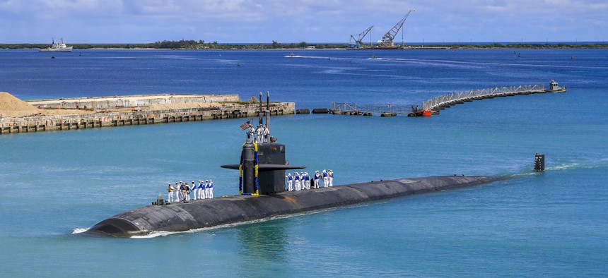 The Los Angeles-class fast attack submarine USS Oklahoma City returns to U.S. Naval Base in Guam, Aug. 19, 2021. 