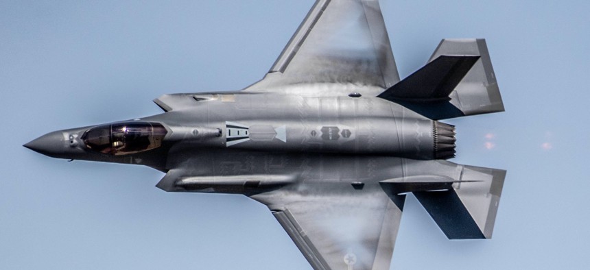 U.S. Air Force Maj. Kristin Wolfe performs a demonstration in the F-35A Lightning II during at the Reno Air Races in Reno, Nevada, September 19, 2021.