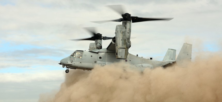 U.S. Marine Corps pilots land a MV-22 Osprey into the exercise theater to familiarize Australian leaders with the Osprey platform June 21 during Exercise Hamel in Shoalwater Bay Training Area, Australia.