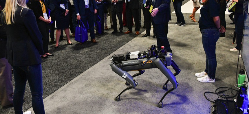 A quadruped robot at the 2021 Association of the U.S. Army conference in Washington, D.C.
