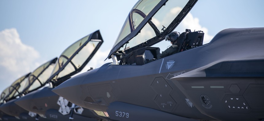 A U.S. Air Force F-35 Lightning II pilot assigned to the 354th Fighter Wing, Eielson Air Force Base, Alaska, prepares for takeoff at Tyndall AFB, Florida, Oct. 15, 2021. 