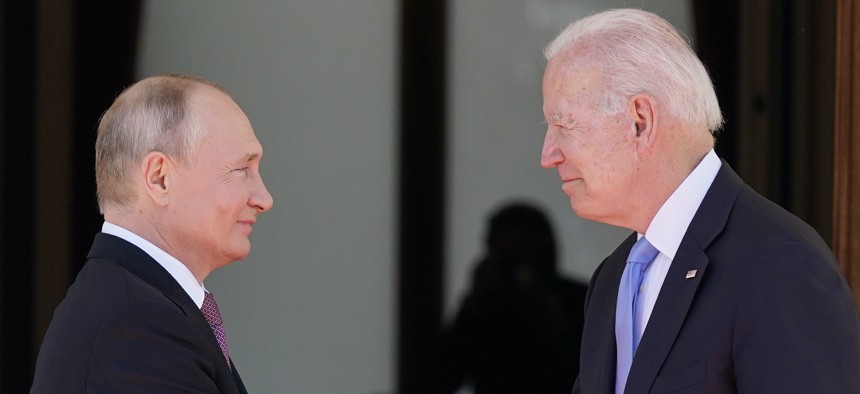 President Joe Biden and Russian President Vladimir Putin arrive to meet at the 'Villa la Grange', in Geneva, Switzerland, June 16, 2021. 