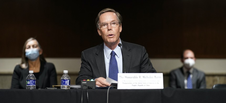 U.S. Ambassador to China nominee Nicholas Burns speaks during a hearing to examine his nomination before the Senate Foreign Relations Committee on Capitol Hill in Washington, Oct. 20, 2021. 
