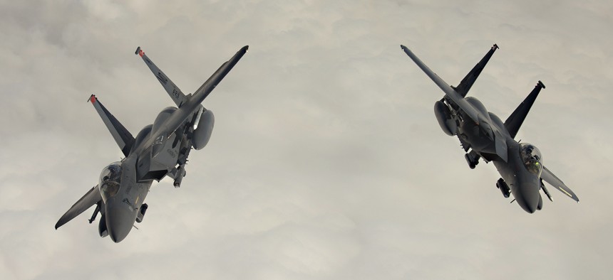 Air Force F-15E Strike Eagles fly over Southwest Asia, Feb. 24, 2021.