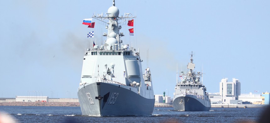 China's Xi'an, a Type 052C guided missile destroyer, participated in the 2019 Russian Navy Day Parade off St. Petersburg. PETER KOVALEV/TASS (PHOTO BY PETER KOVALEV\TASS VIA GETTY IMAGES