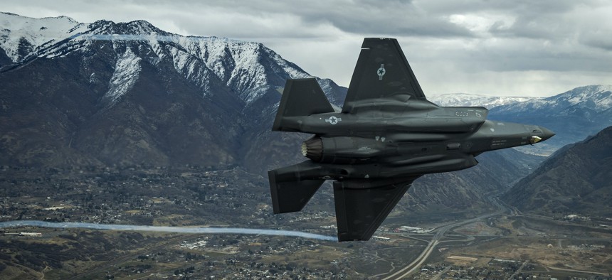A U.S. Air Force F-35A Lightning II, assigned to the 4th Fighter Squadron from Hill Air Force Base, Utah, flies over the base and the surrounding area on Feb 14, 2018.