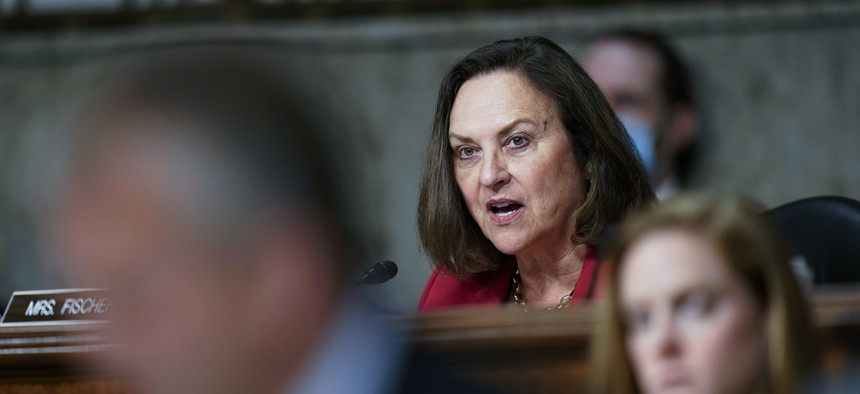 Sen. Deb Fischer, R-Neb., speaks during a Senate Armed Services Committee hearing Sept. 28, 2021, in Washington. 
