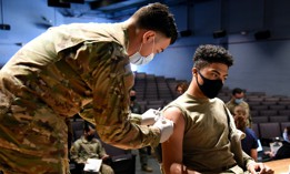 An airman receives the COVID-19 vaccine at Davis-Monthan Air Force Base, Tucson, Ariz., May 6, 2021.