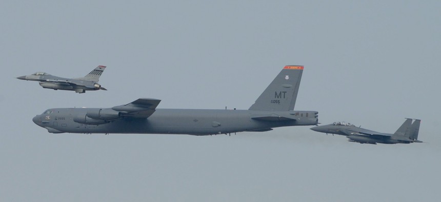 A U.S. Air Force B-52H Stratofortress from Andersen Air Force Base, Guam, conducted a low-level flight in the vicinity of Osan, South Korea, Jan. 10, 2016, in response to provocative action by North Korea. 