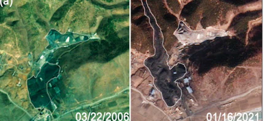 Electro-optical satellite imagery of mine wastes expansion over time at the Pyongsan uranium mine in North Korea