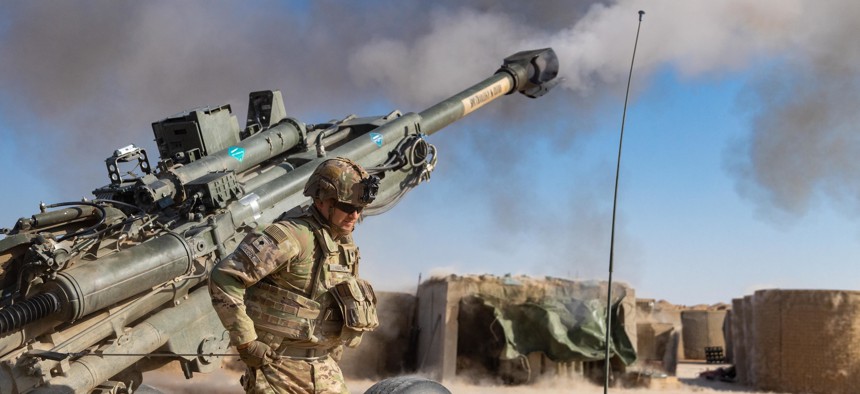U.S. Soldiers assigned to Attack Battery, 2-12th Field Artillery Battalion, Task Force Rock, 1st Stryker Brigade Combat Team, 4th Infantry Division, conducts registration and calibration for the M777 A2 Howitzer weapon system in Syria on Sept. 30, 2021. 