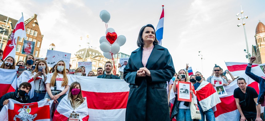 Belarusian opposition leader Svetlana Tikhanovskaya met with the Belarusian community during a protest organized at the Dam Square, Amsterdam, The Netherlands on May 28, 2021.