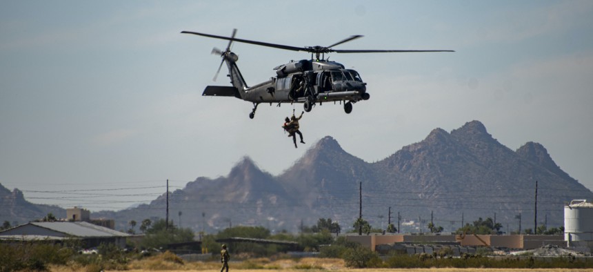 The Desert Lightning Team (DLT) Combat Search and Rescue Demonstration, featuring two A-10C Thunderbolt IIs, performs a realistic CSAR demo during the 2021 Thunder and Lightning Over Arizona Air Show and Open House at Davis-Monthan Air Force Base, Arizona, Nov. 5, 2021. 