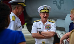 Chief of Naval Operations Adm. Mike Gilday, center, speaks after a change of command ceremony for Naval Air Systems Command in Maryland in September 2021.