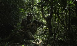 U.S. Marine Lance Cpl. Jonathan Arreguinperez, a rifleman assigned to 2nd Battalion, 3rd Marine Regiment, 3rd Marine Division, sets security during Indo-Pacific Warfighting Exercise on Okinawa, Japan, August 31, 2021.