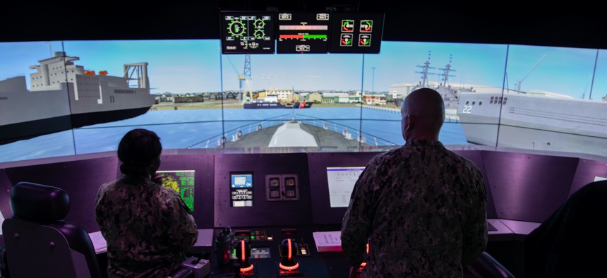Sailors assigned to a Freedom-variant littoral combat ship train during Surface Training Advanced Virtual Environment scenarios at Surface Combat Systems Training Command Detachment Southeast, LCS Training Facility, on Nov. 9, 2021.