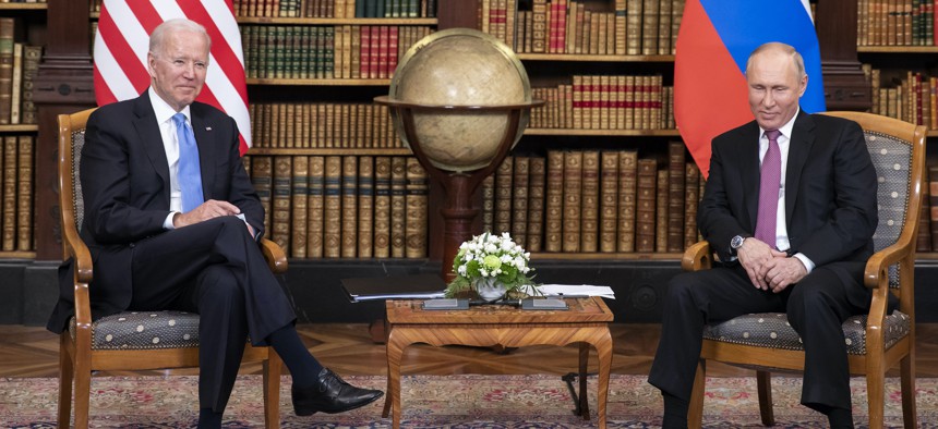 U.S. president Joe Biden (L) and Russian President Vladimir Putin meet during the U.S.-Russia summit at Villa La Grange on June 16, 2021 in Geneva, Switzerland. 