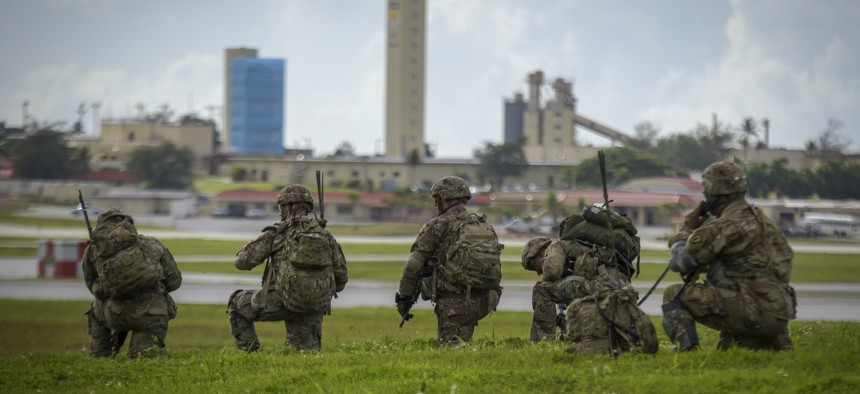 Paratroopers of the 4th Infantry Brigade Combat Team (Airborne), 25th Infantry Division, U.S. Army Alaska, demonstrate a joint forcible entry into Andersen Air Force Base, Guam, June 30, 2020.