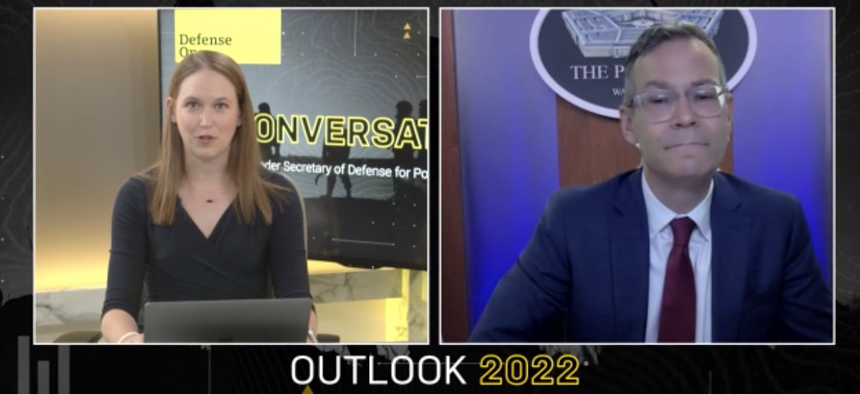 Defense Undersecretary Colin Kahl, right, speaks to Defense One's Jacqueline Feldscher during Outlook 2022.