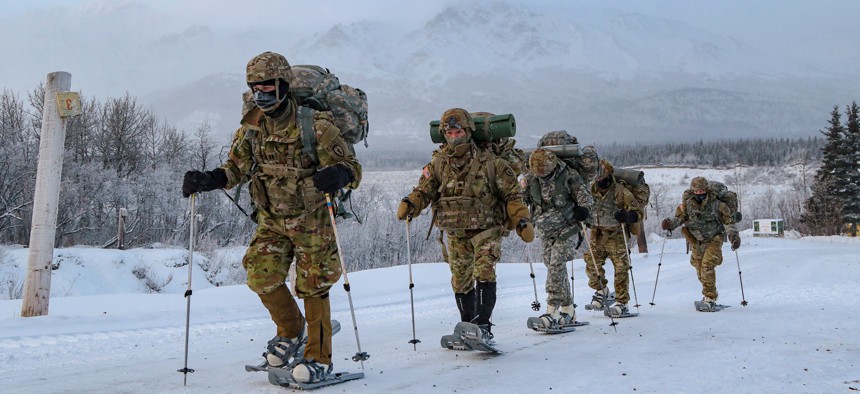 Senior leaders from US Army Alaska train on snowshoes for the first time at Black Rapids Training Site on Nov. 17, 2021, as a part of their Cold Weather Orientation Course. 