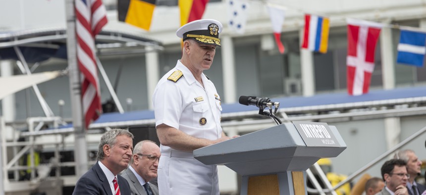 Navy Adm. Christopher Grady speaks during Memorial Day celebration at Intrepid Sea, Air & Space Museum in 2018.