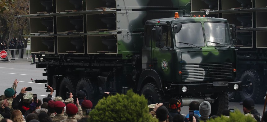 A 2020 parade in Baku featured truckloads of IAI Harop loitering munitions, a key weapon in Azerbaijan's victory in the Nagorno-Karabakh war. 