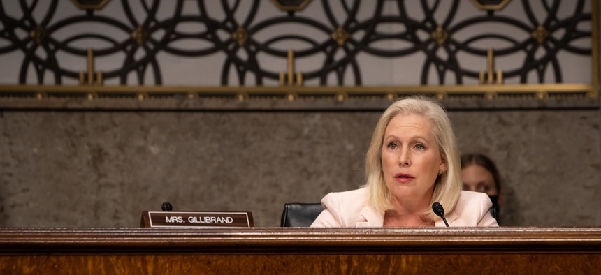  Senator Kirsten Gillibrand (D-NY) speaks during a Senate Armed Services Committee hearing on the conclusion of military operations in Afghanistan and plans for future counterterrorism operations on Capitol Hill on September 28, 2021 in Washington, DC. 