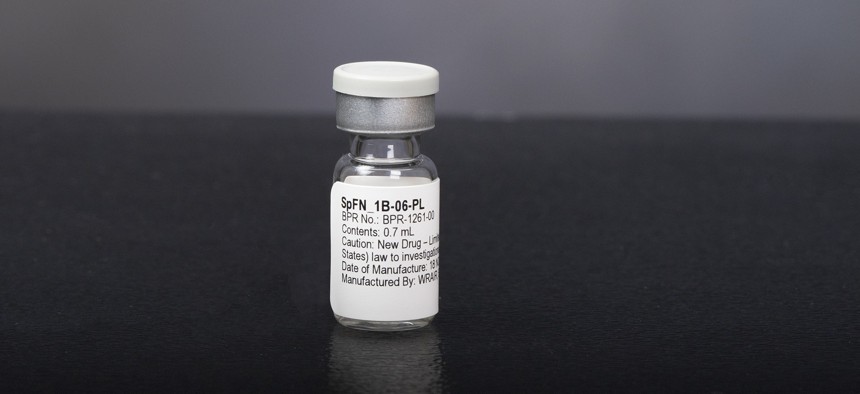 A vial of the Spike Ferritin Nanoparticle (SpFN) COVID-19 vaccine developed by researchers at the Walter Reed Army Institute of Research.