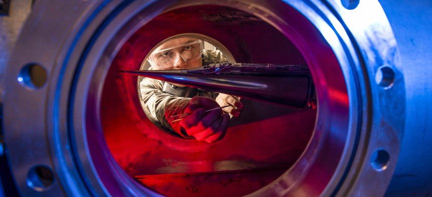 Air Force Cadet 2nd Class Eric Hembling uses a Ludwieg tube, a type of wind tunnel, to measure the pressures, temperatures and flow fields of basic geometric and hypersonic research vehicles at the U.S. Air Force Academy in Colorado Springs, Colo., Jan. 31, 2019.