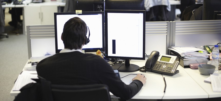 Workers in a call center in Norwich, Norfolk, United Kingdom