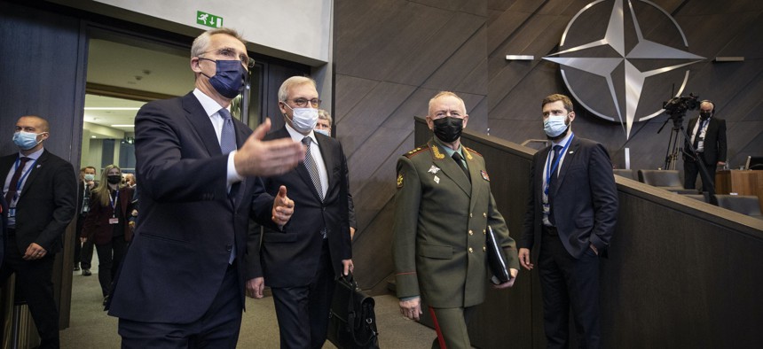 NATO Secretary General Jens Stoltenberg, Russian Deputy Defence Minister Colonel-General Alexander Fomin, and Deputy Minister of Foreign Affairs of Russia Alexander Grushko attend the NATO-Russia Council at the Alliance's headquarters in Brussels, Belgium, on January 12, 2022. 